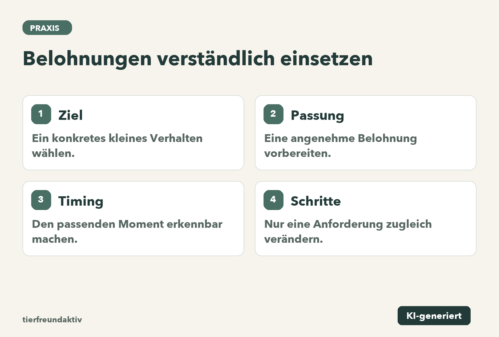 Ziel: Ein konkretes kleines Verhalten wählen.; Passung: Eine angenehme Belohnung vorbereiten.; Timing: Den passenden Moment erkennbar machen.; Schritte: Nur eine Anforderung zugleich verändern.