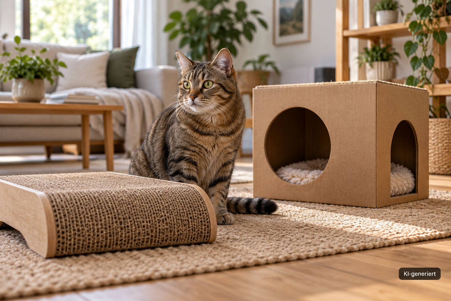 Eine Katze erkundet einen Wohnraum mit Kratzmöglichkeit und Versteck