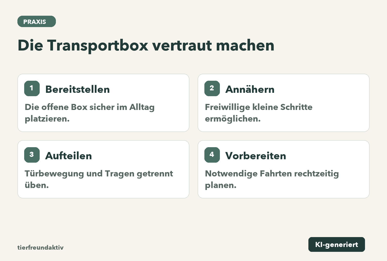 Bereitstellen: Die offene Box sicher im Alltag platzieren.; Annähern: Freiwillige kleine Schritte ermöglichen.; Aufteilen: Türbewegung und Tragen getrennt üben.; Vorbereiten: Notwendige Fahrten rechtzeitig planen.