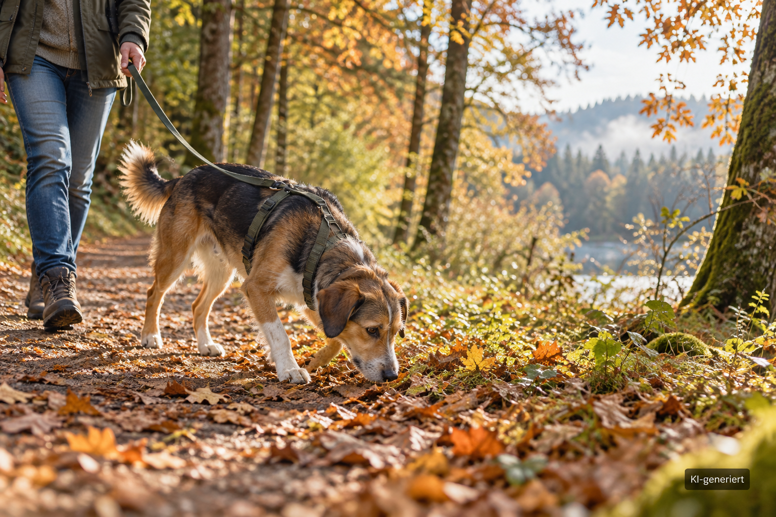 Ein Hund schnüffelt an lockerer Leine auf einem Waldweg