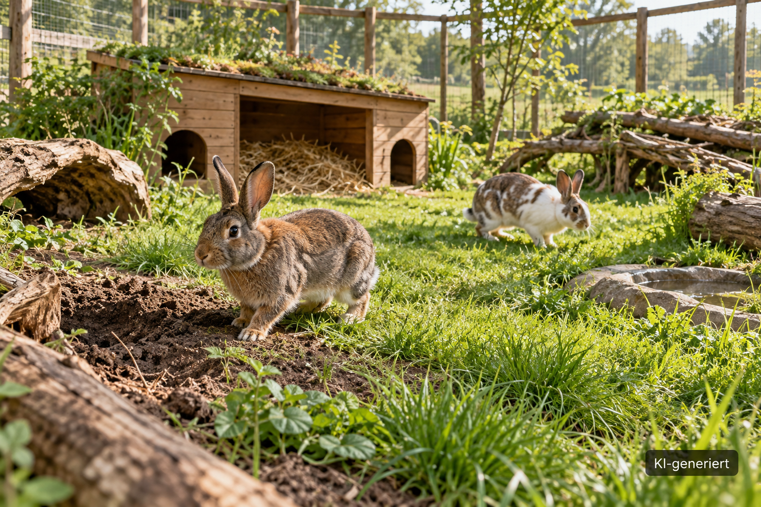 Zwei Kaninchen erkunden ein geräumiges Gehege mit Schutzhaus