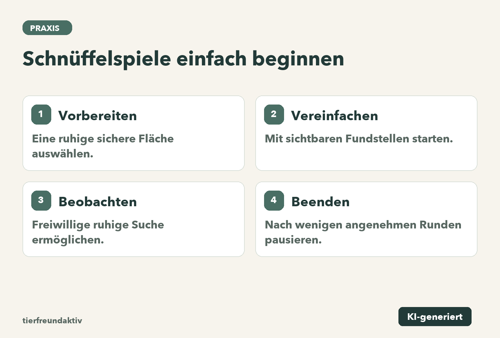 Vorbereiten: Eine ruhige sichere Fläche auswählen.; Vereinfachen: Mit sichtbaren Fundstellen starten.; Beobachten: Freiwillige ruhige Suche ermöglichen.; Beenden: Nach wenigen angenehmen Runden pausieren.