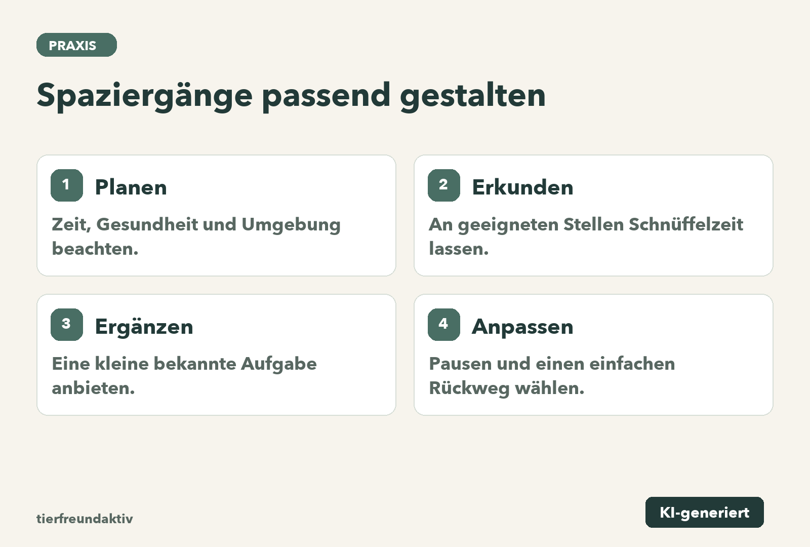 Planen: Zeit, Gesundheit und Umgebung beachten.; Erkunden: An geeigneten Stellen Schnüffelzeit lassen.; Ergänzen: Eine kleine bekannte Aufgabe anbieten.; Anpassen: Pausen und einen einfachen Rückweg wählen.