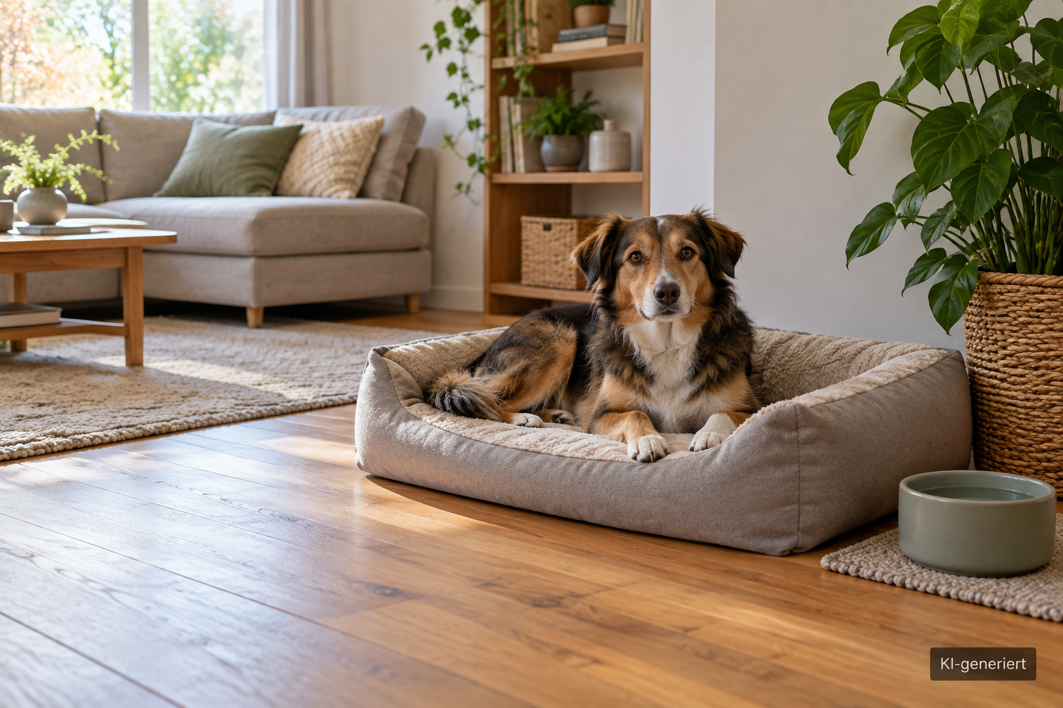 Ein Hund ruht auf einem offenen Hundebett in einer ruhigen Zimmerecke